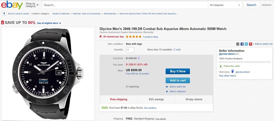 Glycine Mens Combat Sub Aquarius 46mm Automatic Watch